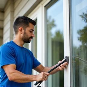 Sterling Shine worker polishing a bay window